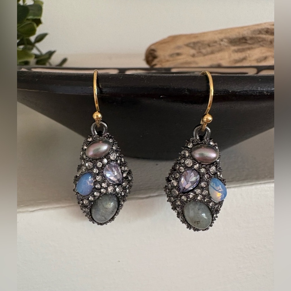 Alexis Bittar Modern Gemstone Pierced Earrings Labradorite Pearl Gunmetal Gray